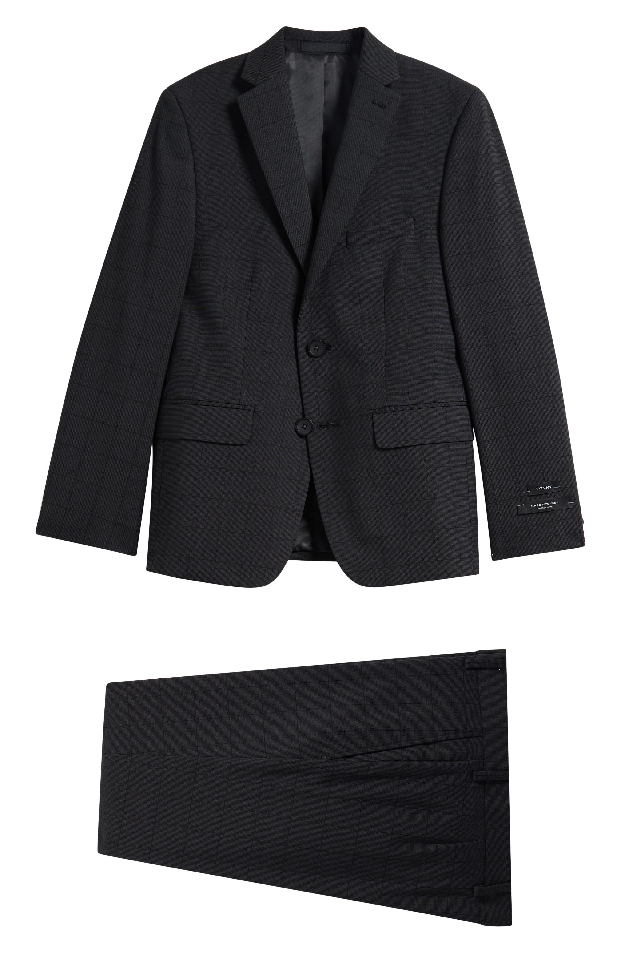 Andrew Marc Kids' Skinny Fit Black Windowpane Checck Stretch Suit