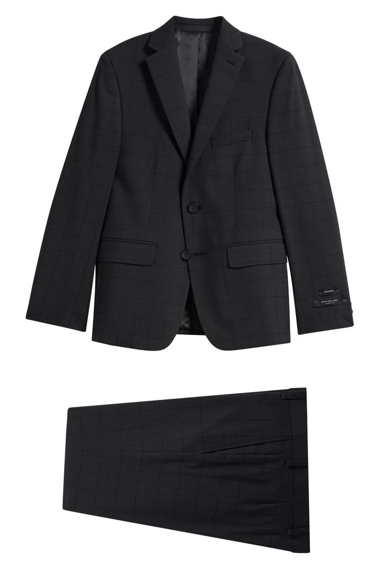 Kids' Skinny Fit Black Windowpane Checck Stretch Suit, Main, color, GREY
