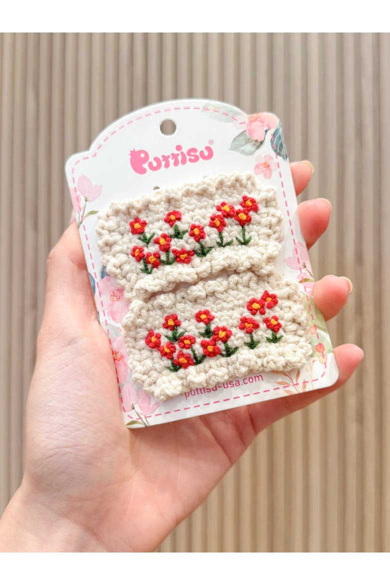 2pc Hand-Crocheted Floral Clip Set, Alternate, color, Cream