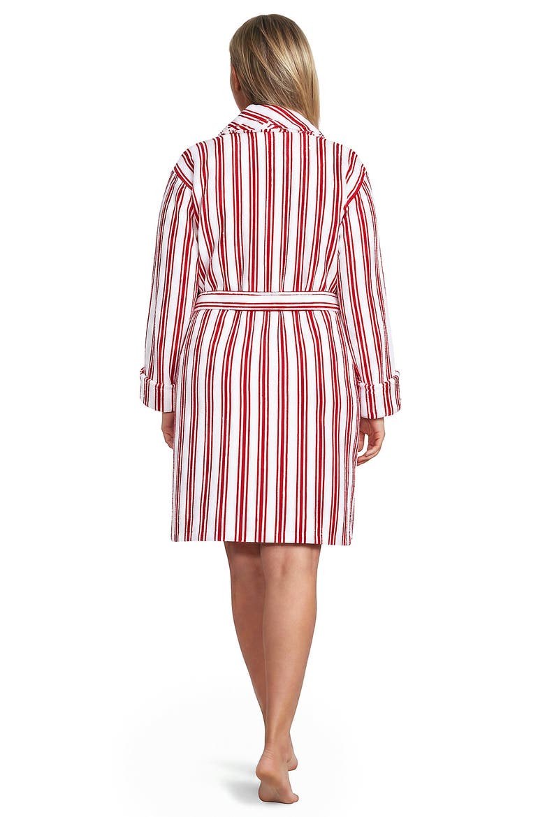 Plus Size Soft Terry Long Sleeve Knee Length Robe, Alternate, color, White/Compass Red Stripe