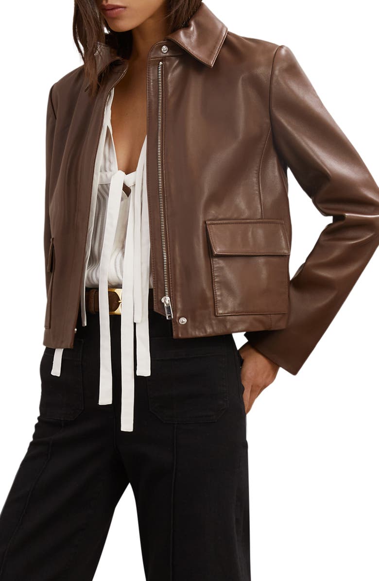 Reiss Drew Leather Jacket, Main, color, Mocha Brown