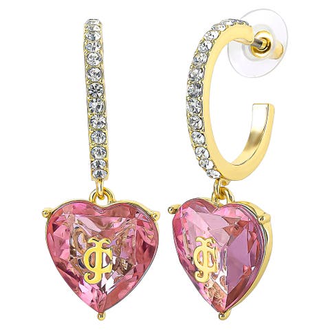 Gold Heart Hoop Earrings, Large Heart Dangle Charm with Logo, Rhinestone J-Hoops