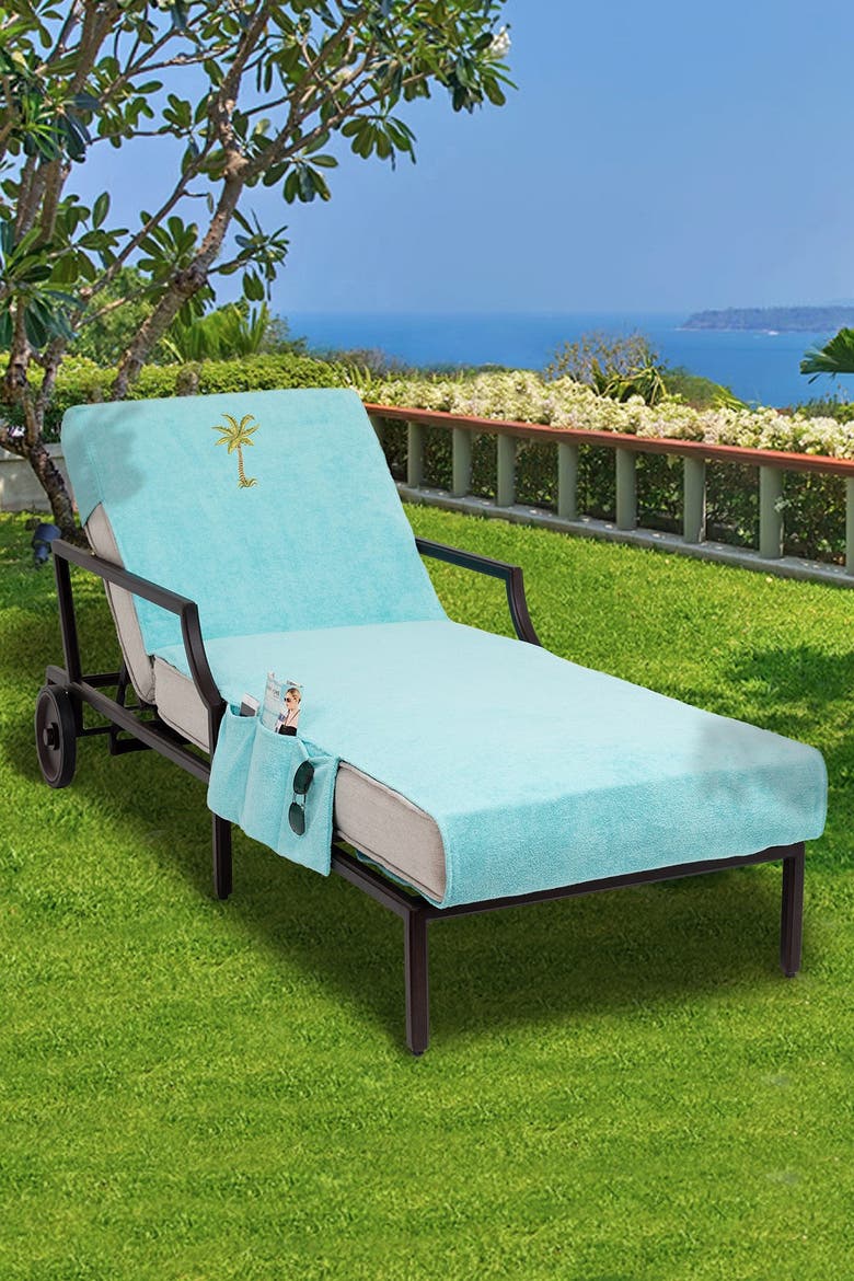 100% Turkish Cotton Palm Tree Embroidered Standard Size Chaise Lounge Cover With Side Pockets - Aqua, Main, color, AQUA