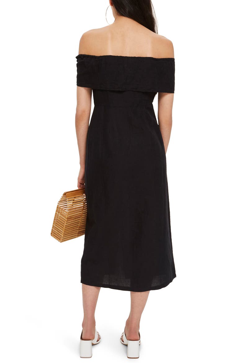 Linen Off the Shoulder Midi Dress, Alternate, color, BLACK