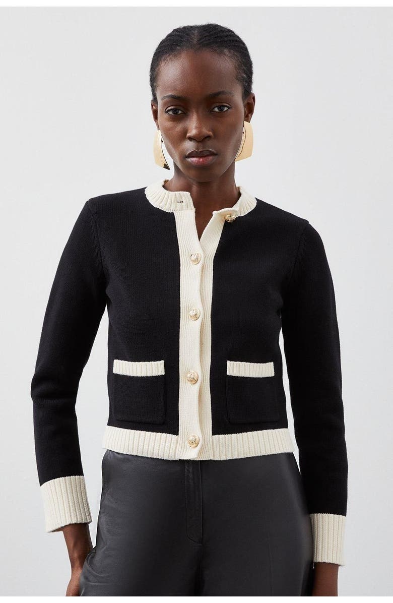 Karen Millen Cotton Cropped Knit Boxy Cardigan, Main, color, Mono