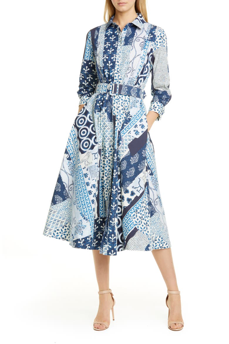 Woodblock Print Long Sleeve Poplin Midi Shirtdress, Main, color, INDIGO