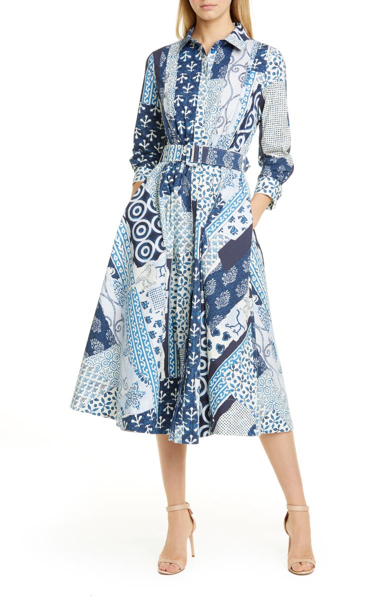 Oscar de la Renta Woodblock Print Long Sleeve Poplin Midi Shirtdress, Main, color, 