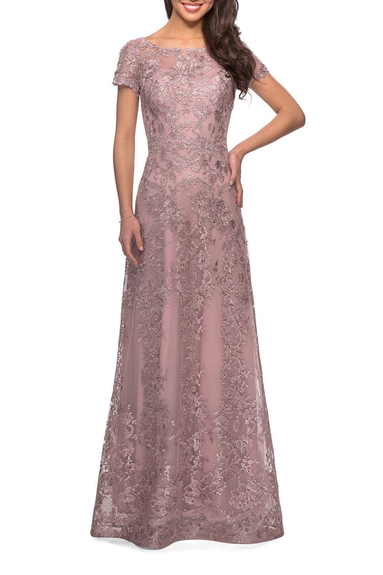 Long Lace Dress with Sheer Neckline and Cap Sleeves, Main, color, Mauve