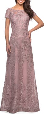 La Femme Long Lace Dress with Sheer Neckline and Cap Sleeves