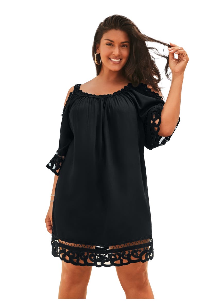 Swimsuits for All Vera Crochet Cold Shoulder Cover Up Dress, Main, color, Black