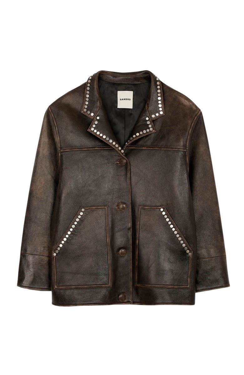 SANDRO Oversized leather jacket with studs, Alternate, color, Brown