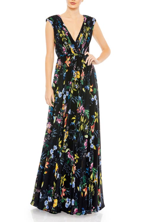 Mac Duggal Pleated Floral Cap Sleeve A Line Gown In Black Multi