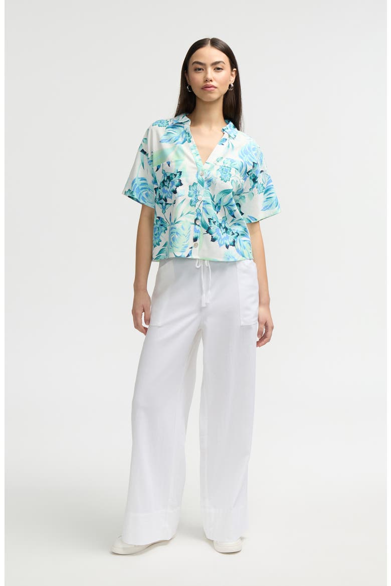 Crop Button-Up Camp Shirt, Alternate, color, TROPICAL BLUE