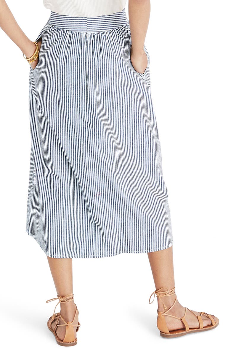 Madewell Palisade Chambray Stripe Button Front Midi Skirt, Alternate, color, 