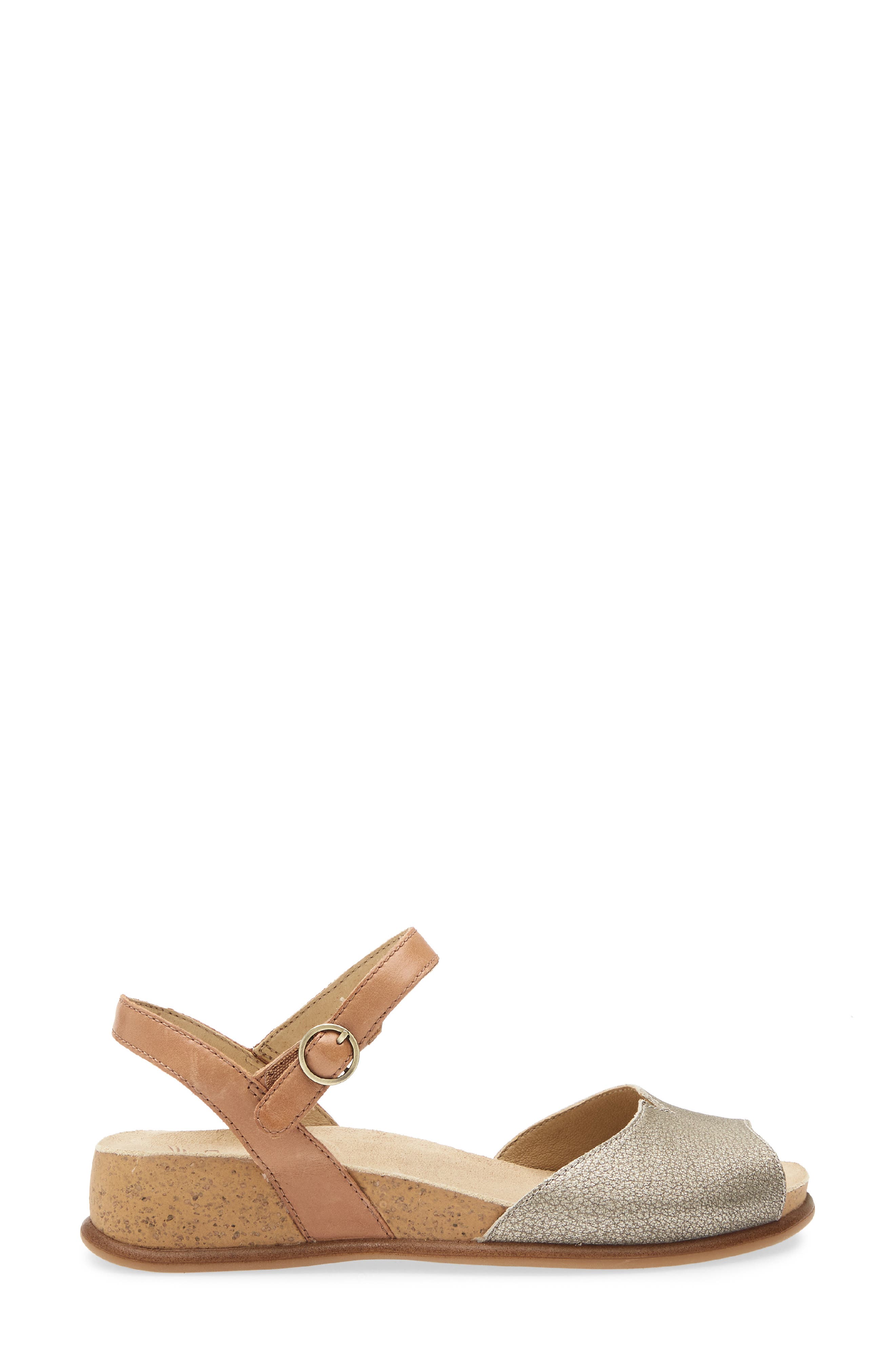 Dansko Cass Ankle Strap Peep Toe Wedge Sandal, Alternate, color, Platino/Tan Leather