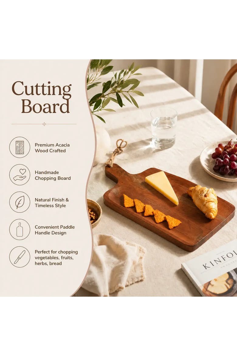 Handmade Acacia Wood Chopping Board with Handle, Alternate, color, Natural Wood