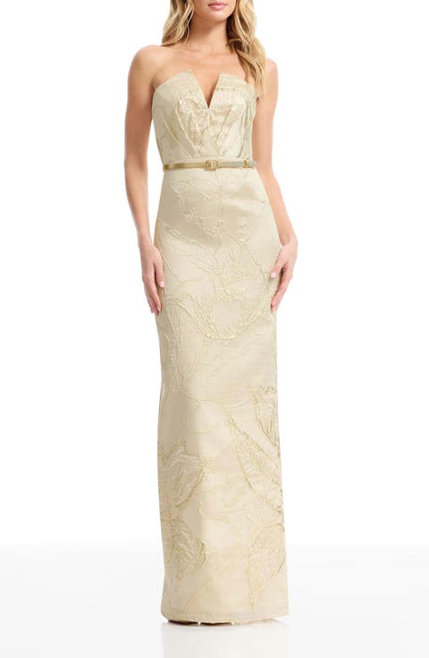Kahlani Metallic Floral Jacquard Strapless Column Gown