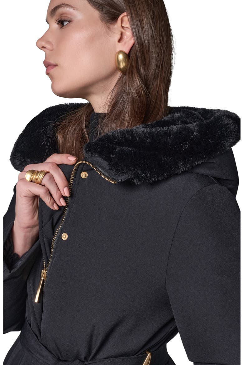 Belted Coat with Faux Fur Lined Hood, Alternate, color, BLACK