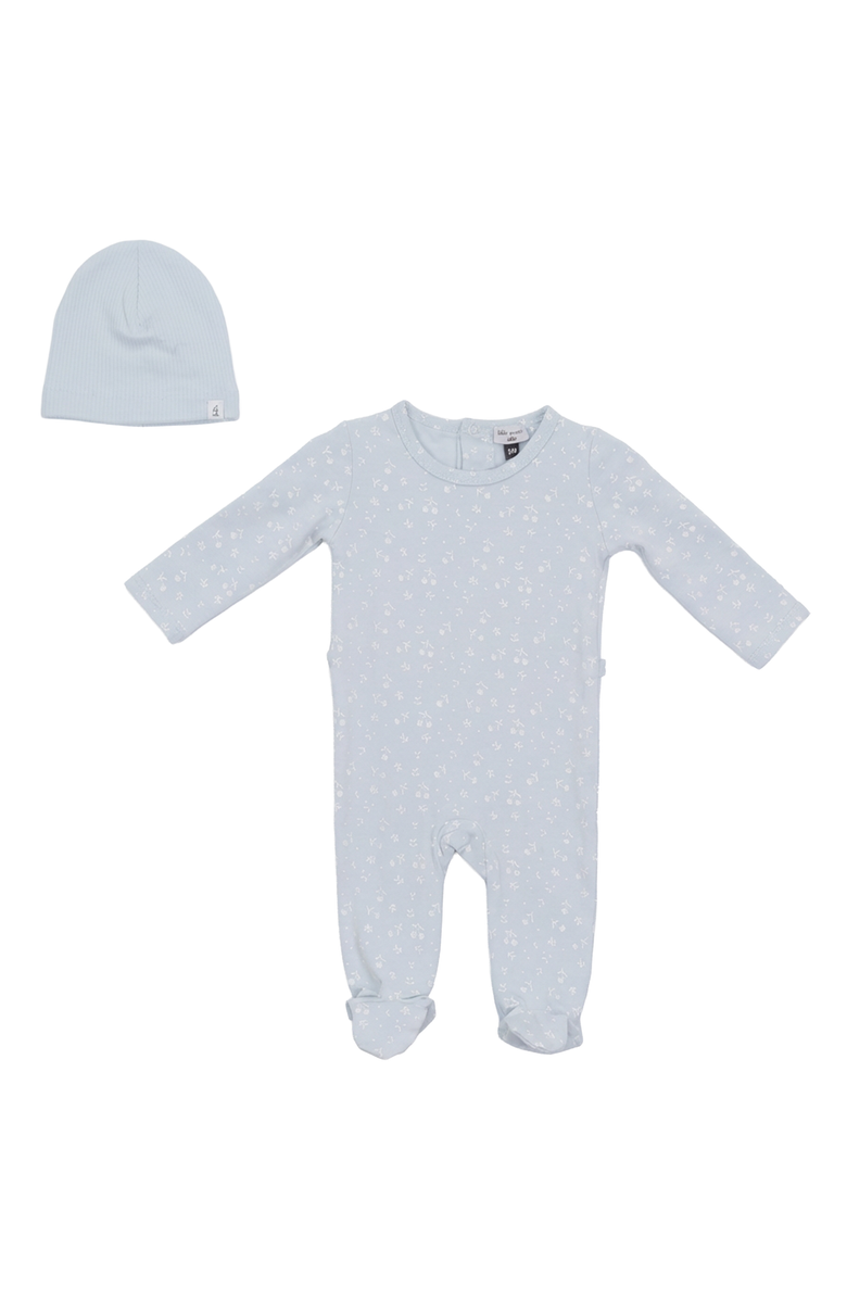 Little Fragile Cherry Leaf Scalloped Binding Elastic Ankle Romper & Hat Set, Main, color, Misty Blue