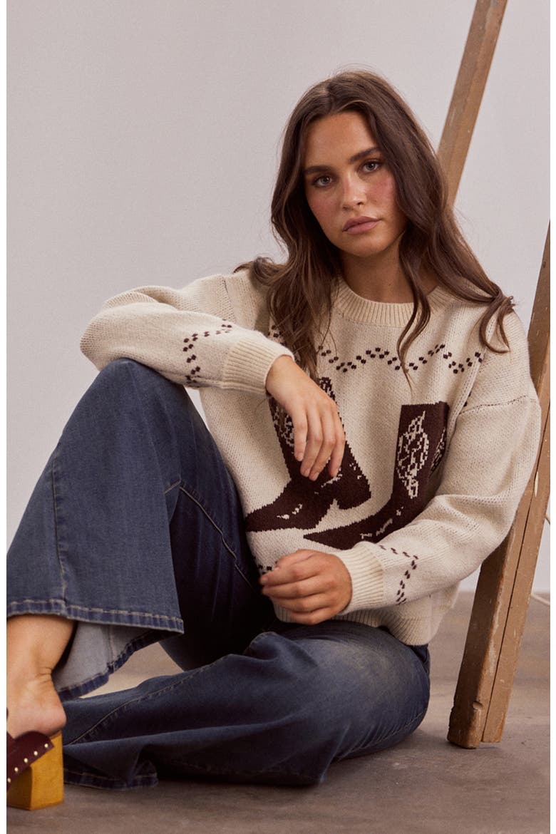 Boot Jive Intarsia Sweater, Alternate, color, CREAM W/ CHOCOLATE