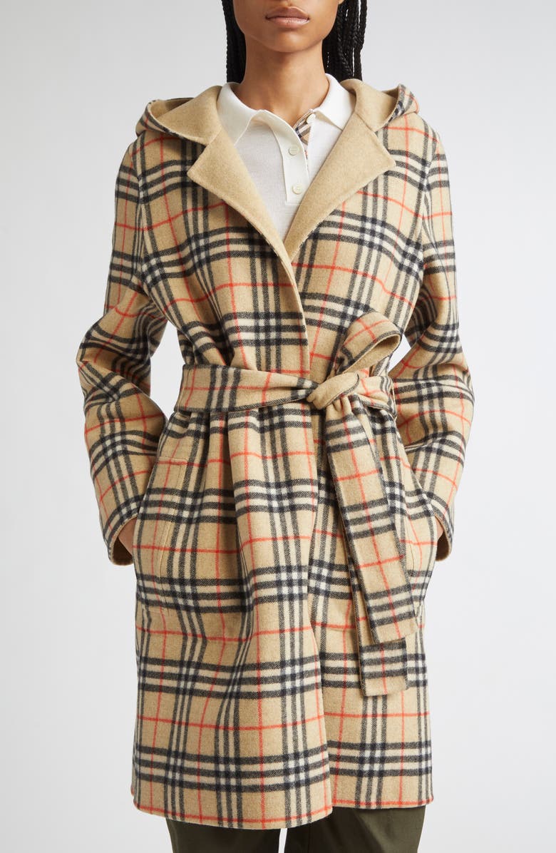 Burberry Hampshire Wool Reversible Hooded Coat, Alternate, color, Sand Ip Check