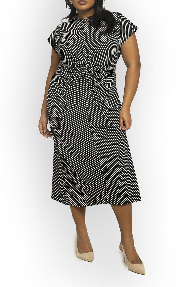Cinched Striped Print Midi Dress, Alternate, color, Black