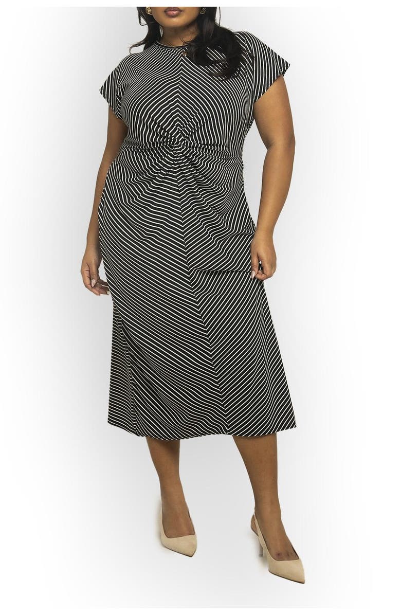 FASHION-SZN CURVE Cinched Striped Print Midi Dress, Alternate, color, Black