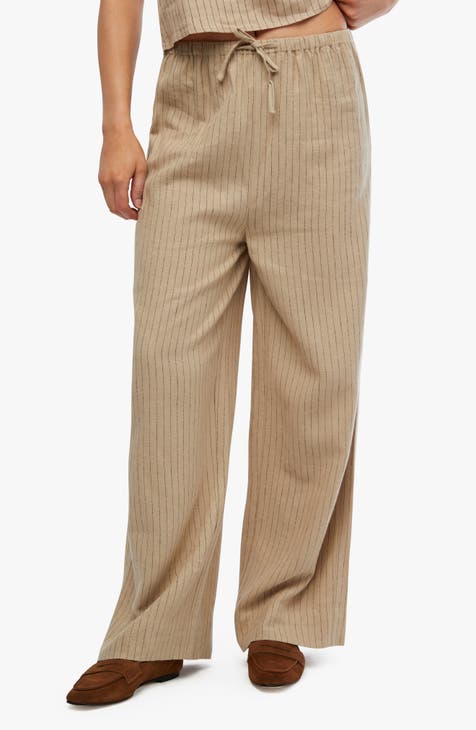 Pinstripe Tie Waist Linen Blend Pants