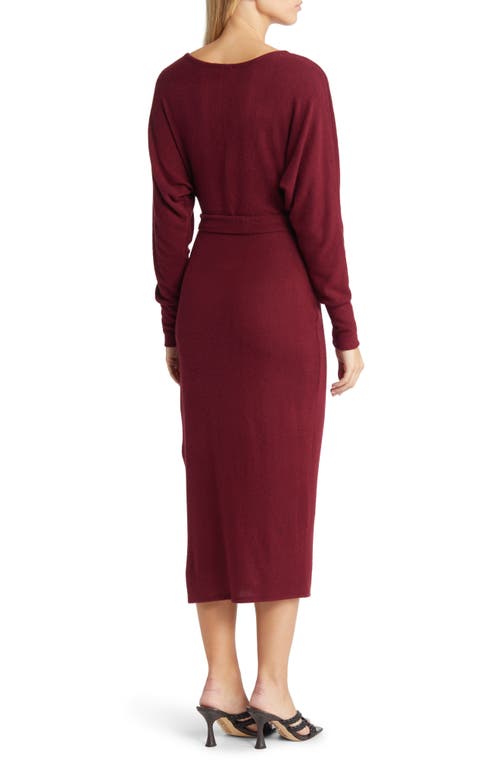 Loveappella Long Sleeve Faux Wrap Midi Dress In Burgundy