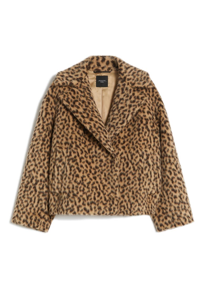 Cheetah Print Wool-Blend Peacoat, Alternate, color, CAMEL