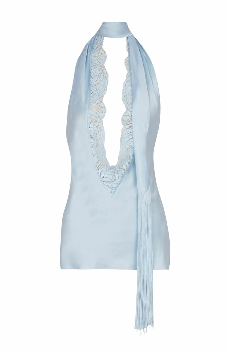 Balmain Backless Crepe Satin Top With Fringe, Alternate, color, Blue