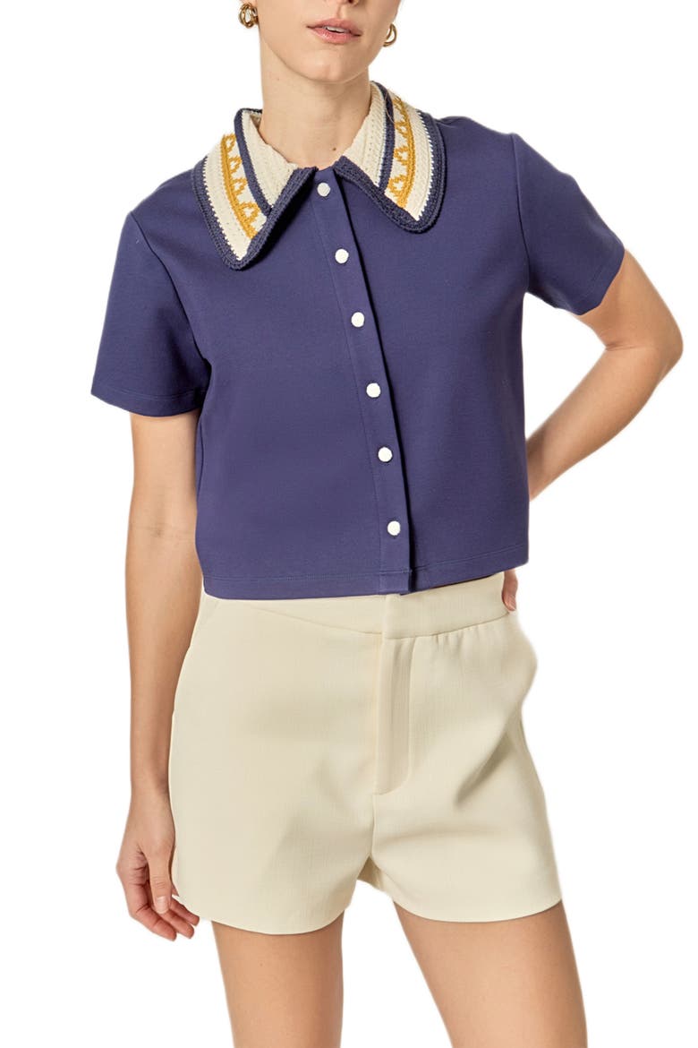 Crochet Collar Button-Up Top, Alternate, color, NAVY