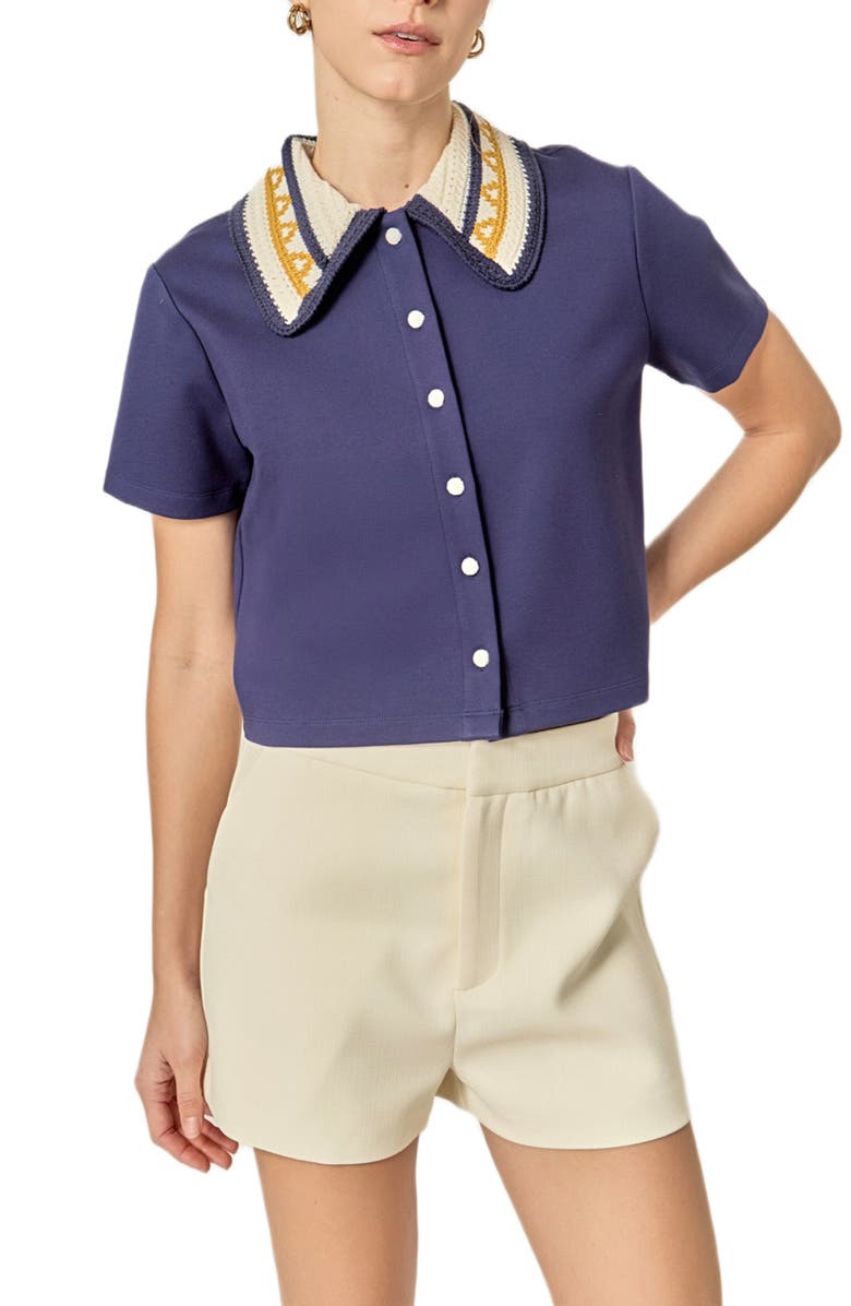 English Factory Crochet Collar Button-Up Top, Alternate, color, Navy