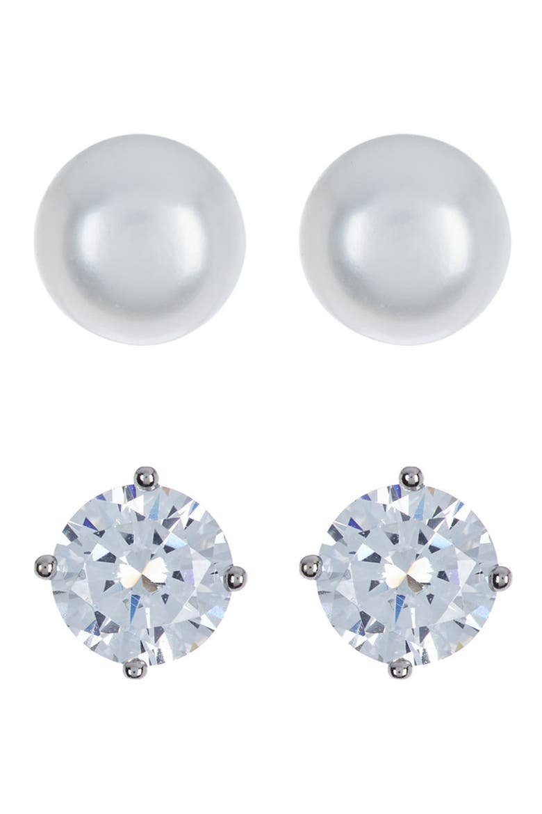 Set of 2 Sterling Silver Cubic Zirconia & Faux Pearl Stud Earrings, Alternate, color, CLEAR- WHITE- SILVER