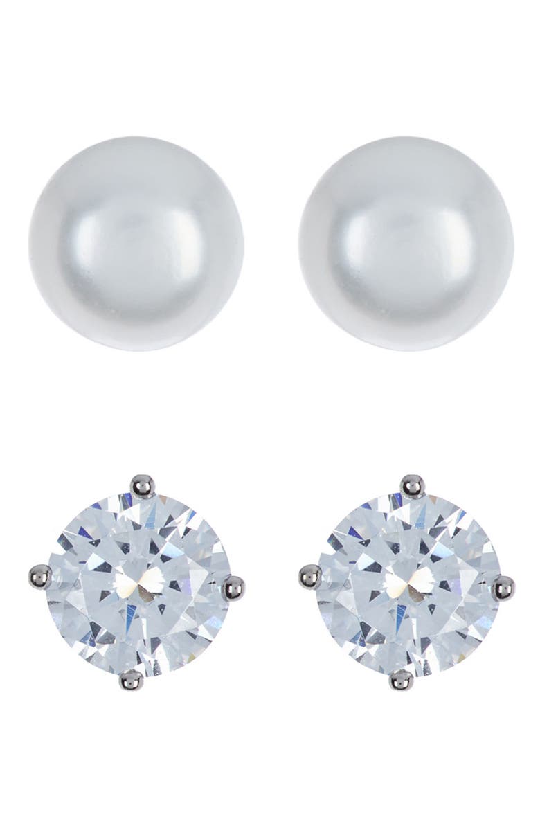 NORDSTROM RACK Set of 2 Sterling Silver Cubic Zirconia & Faux Pearl Stud Earrings, Alternate, color, Clear- White- Silver