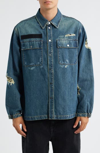 Helmut Lang Distressed Uniform Denim Snap-up Shirt In Blue