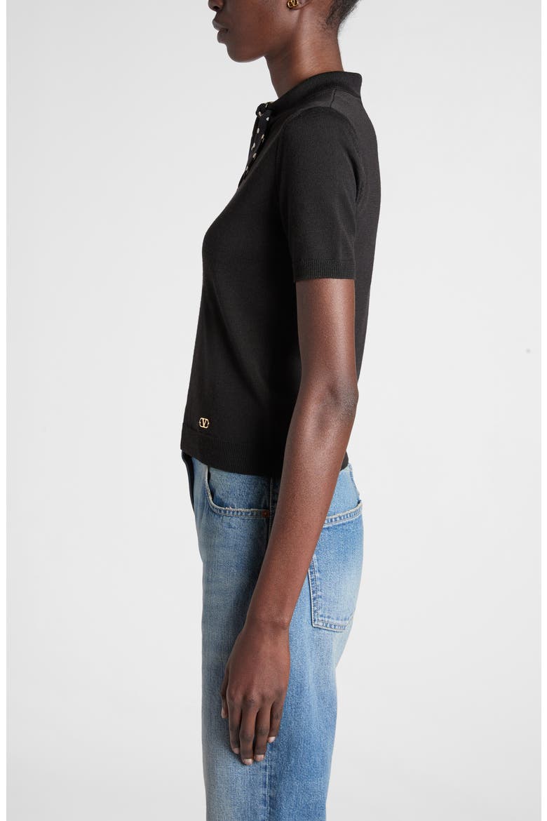 Short Sleeve Wool Blend Sweater with Polka Dot Silk Pussybow, Alternate, color, BLACK