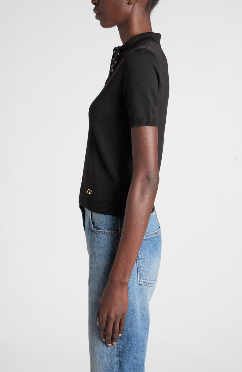 Valentino Garavani Short Sleeve Wool Blend Sweater with Polka Dot Silk Pussybow, Alternate, color, Black