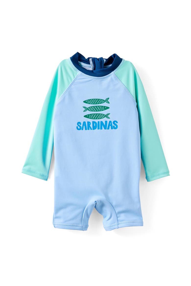 Baby Long Sleeve All In One Swimsuit, Main, color, Dawn Blue Sardinas