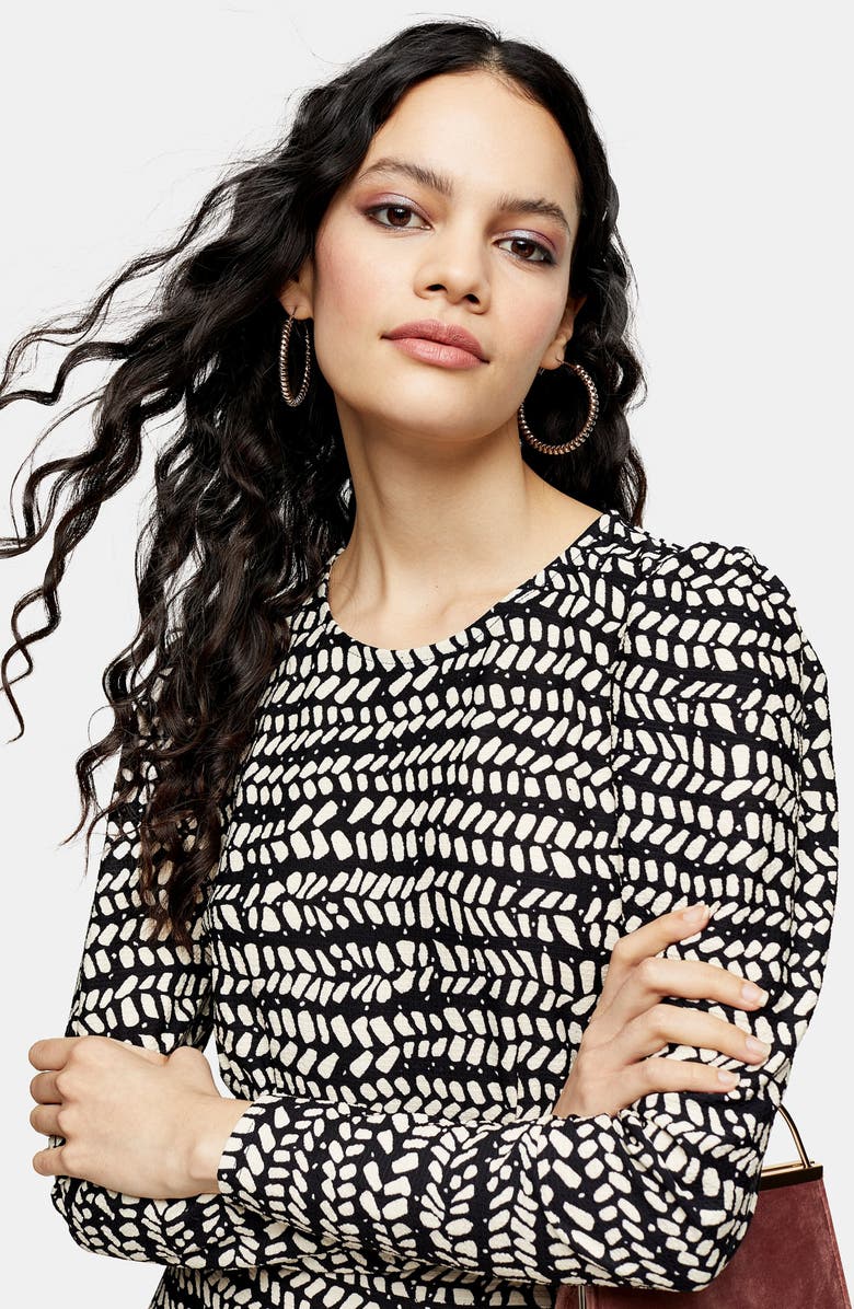 Topshop Abstract Tiered Long Sleeve Midi Dress, Alternate, color, 