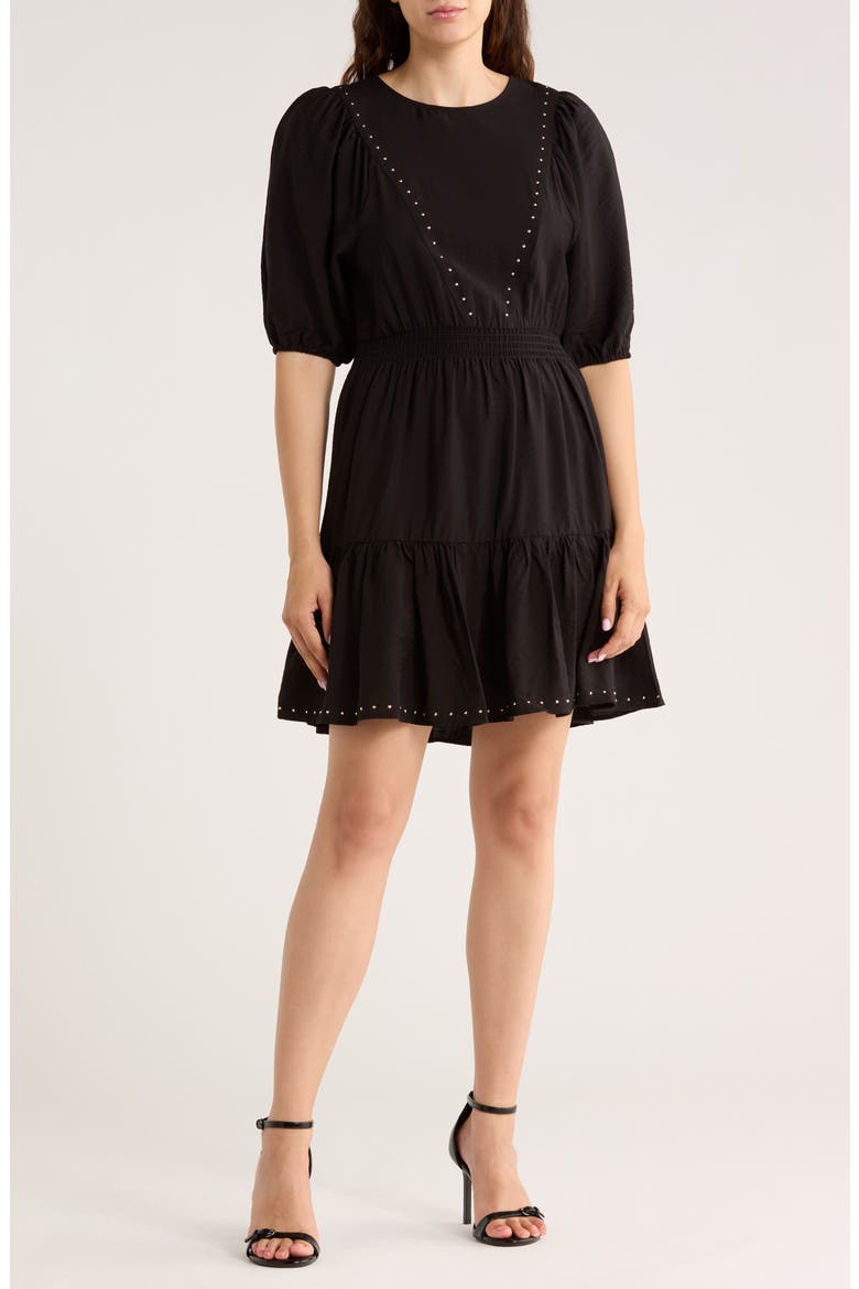 Stud Tiered Dress, Main, color, BLACK