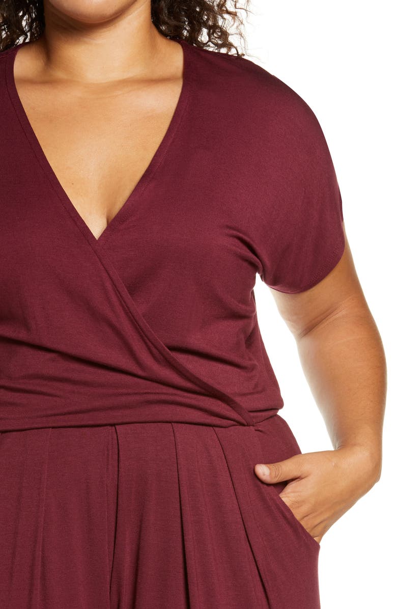 Loveappella Short Sleeve Wrap Top Jumpsuit, Alternate, color, Burgundy