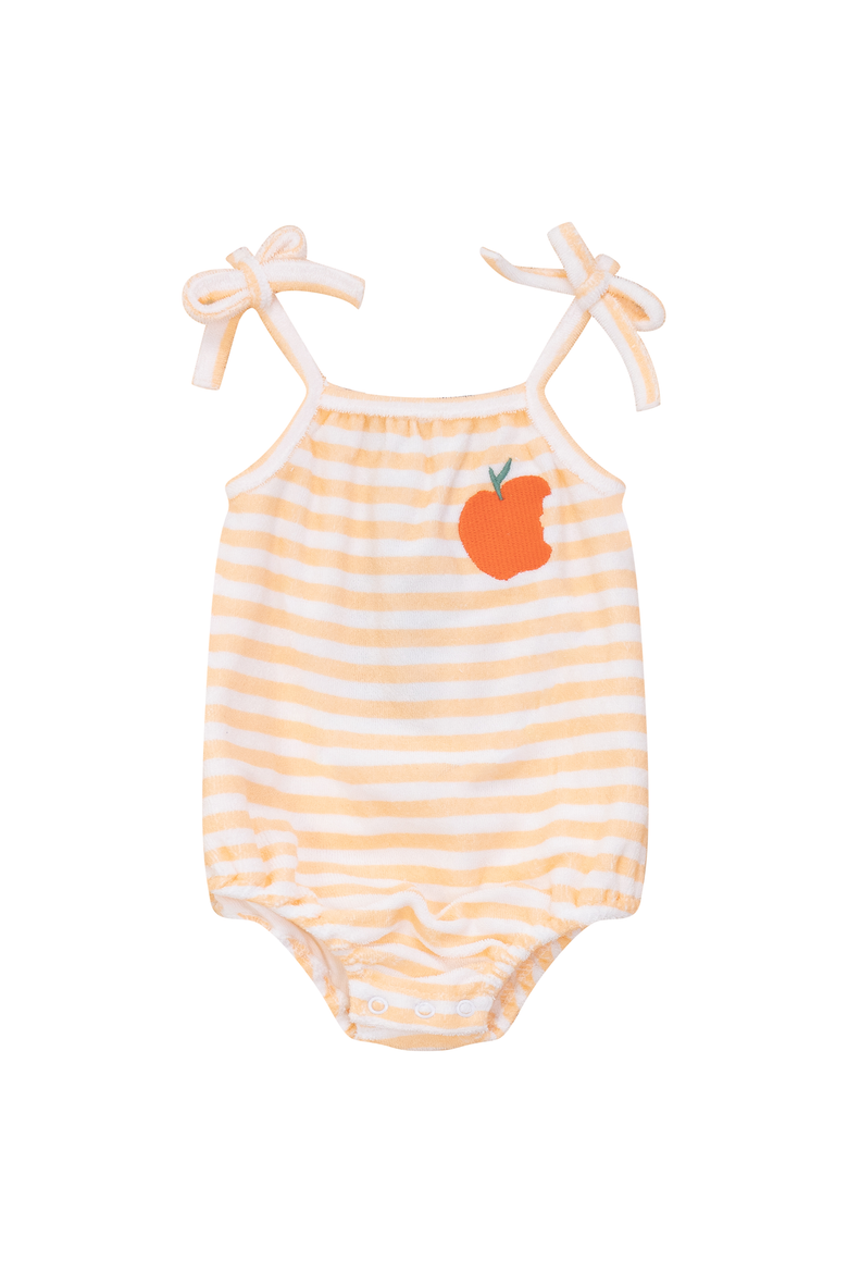 Girl Terry Peach Striped Chest Artwork Shoulder Bow Romper, Main, color, Cream/Peach