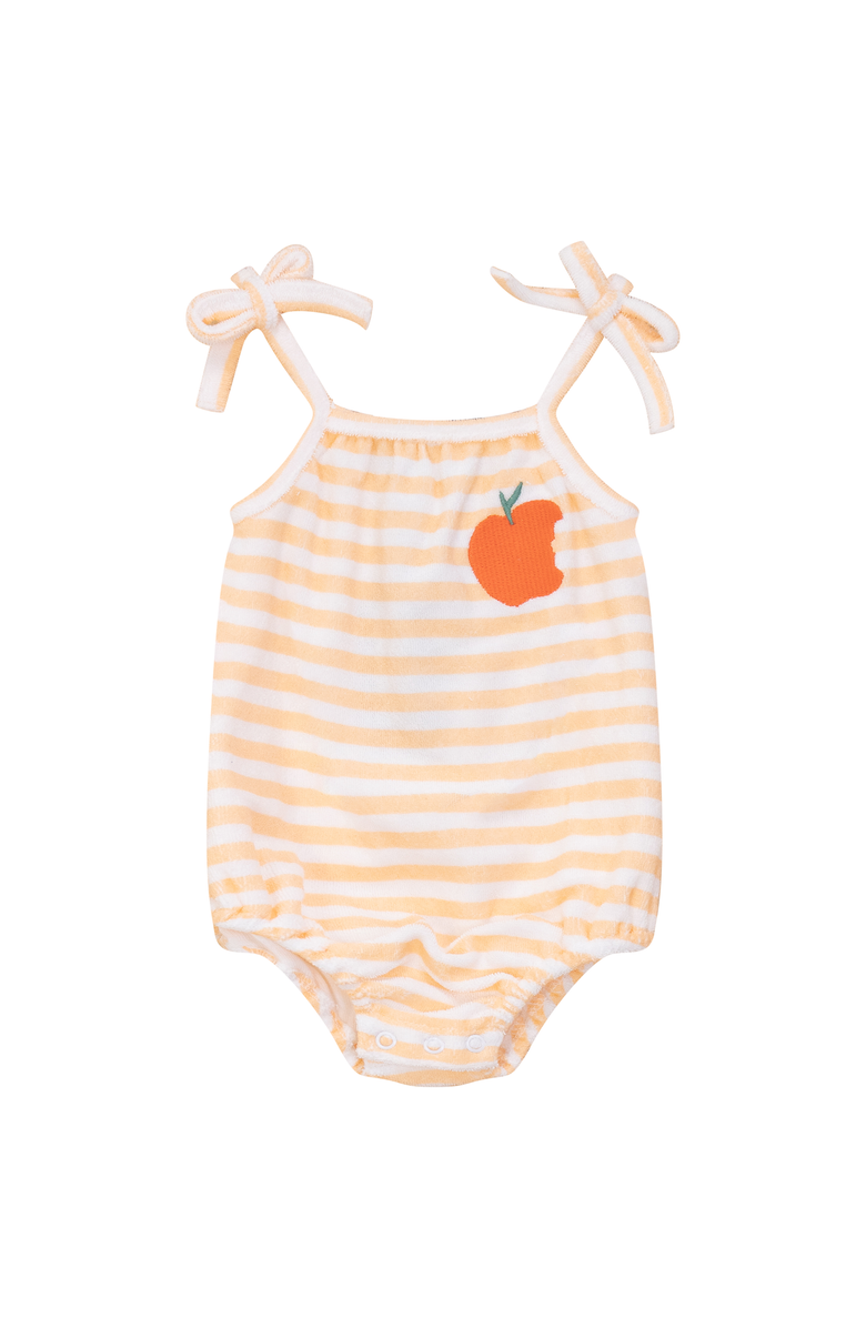 Puddles Girl Terry Peach Striped Chest Artwork Shoulder Bow Romper, Main, color, Cream/Peach