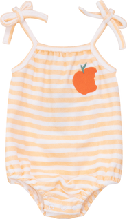 Puddles Girl Terry Peach Striped Chest Artwork Shoulder Bow Romper