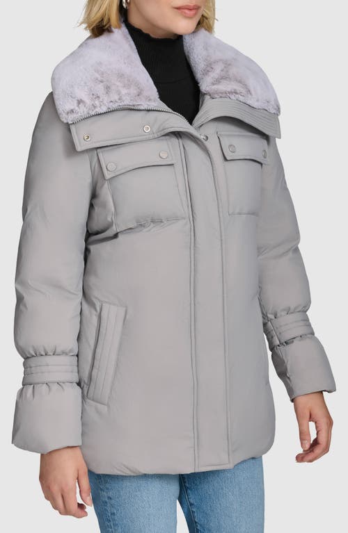 Andrew Marc Laken Faux Fur Trim Belted Puffer Coat In Gray