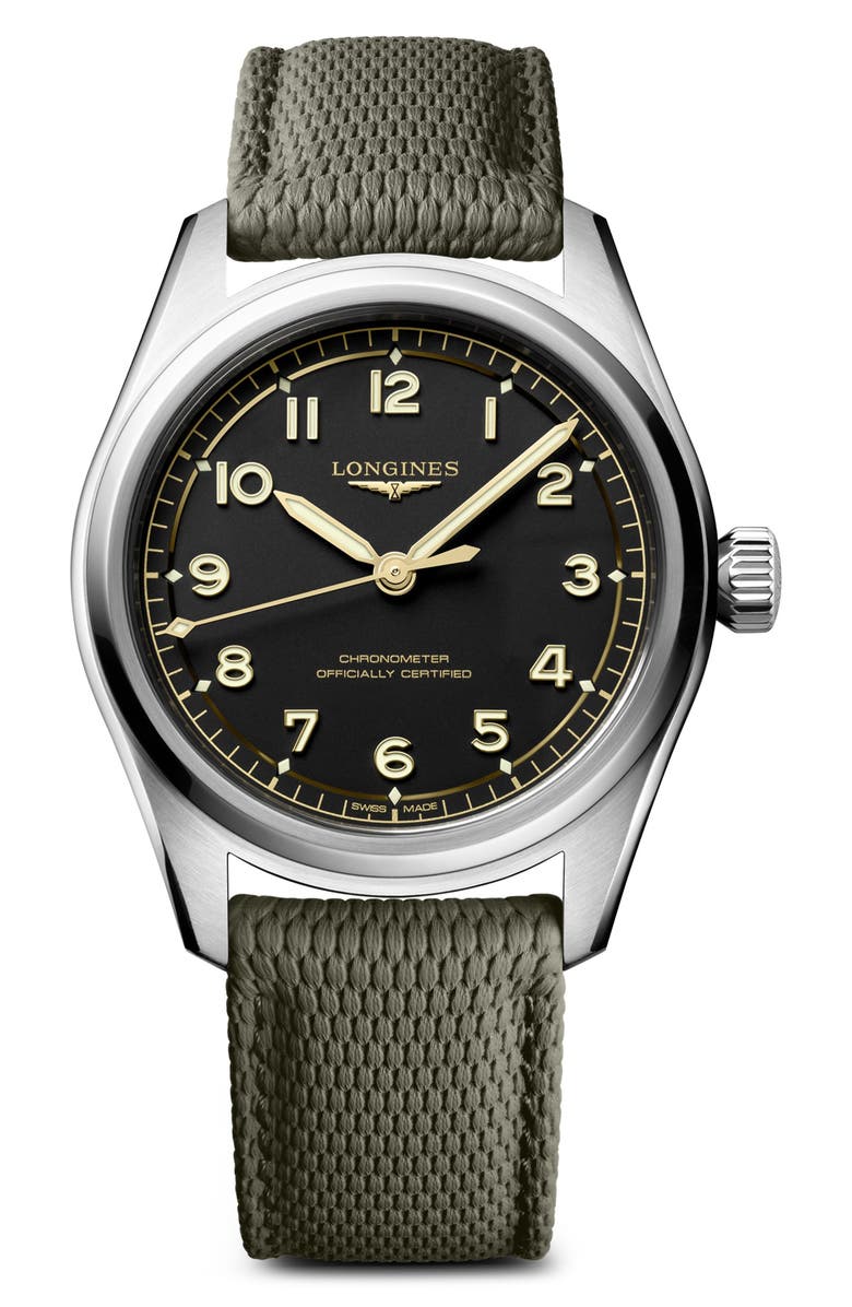 Longines Spirit Pilot NATO Strap Watch, 39mm, Main, color, Black