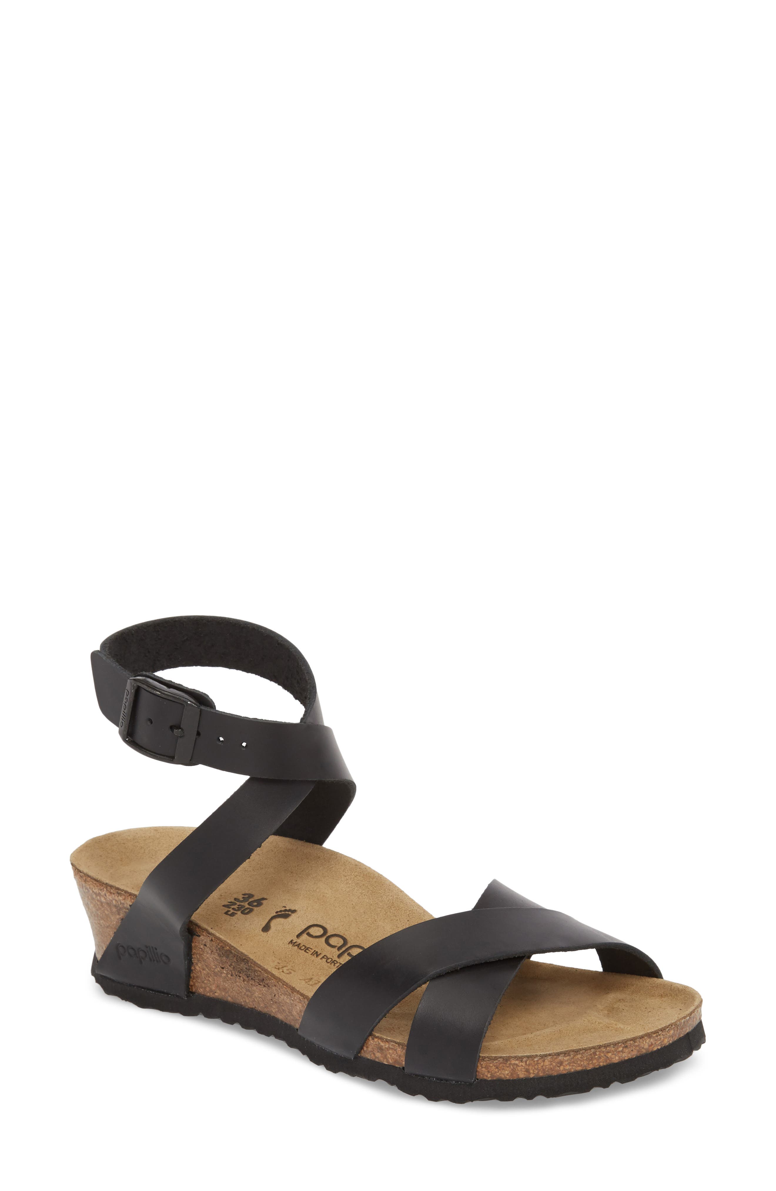 Lola Wedge Sandal - Discontinued, Main, color, BLACK LEATHER