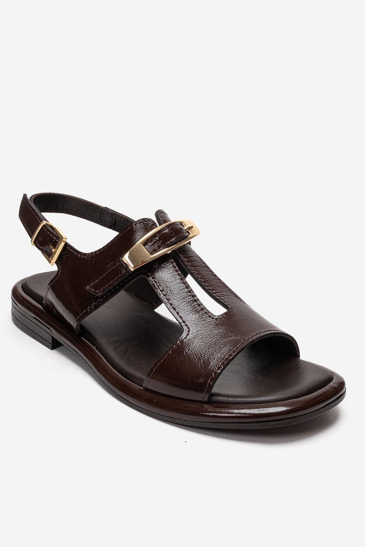 Auren Leather Buckle Sandal, Alternate, color, Brown Patent