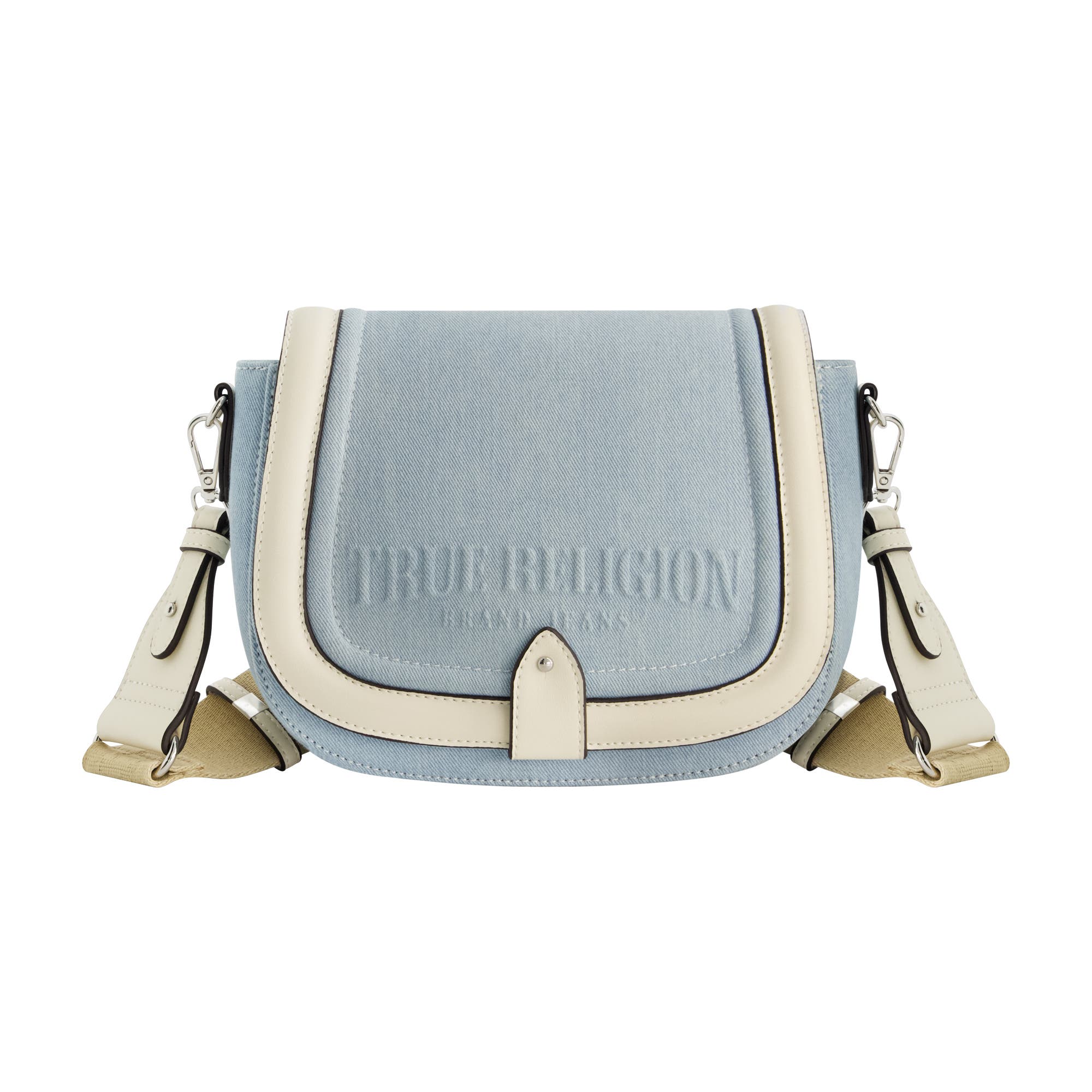 True Religion Distressed Logo Denim Saddle Bag, Main, color, Light Blue